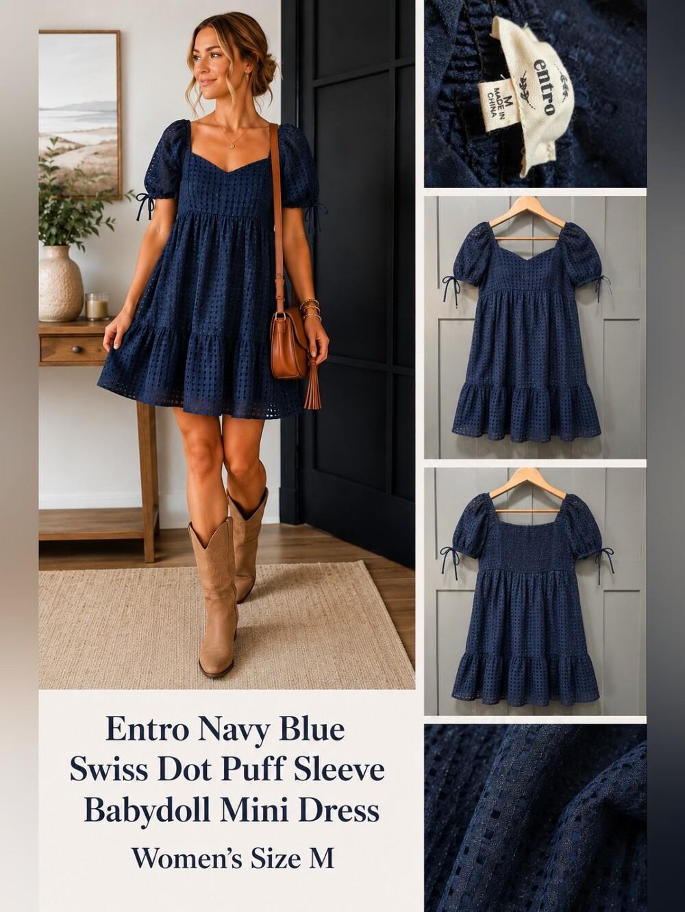 Entro Navy Blue Swiss Dot Puff Sleeve Babydoll Mini Dress Women's Size M